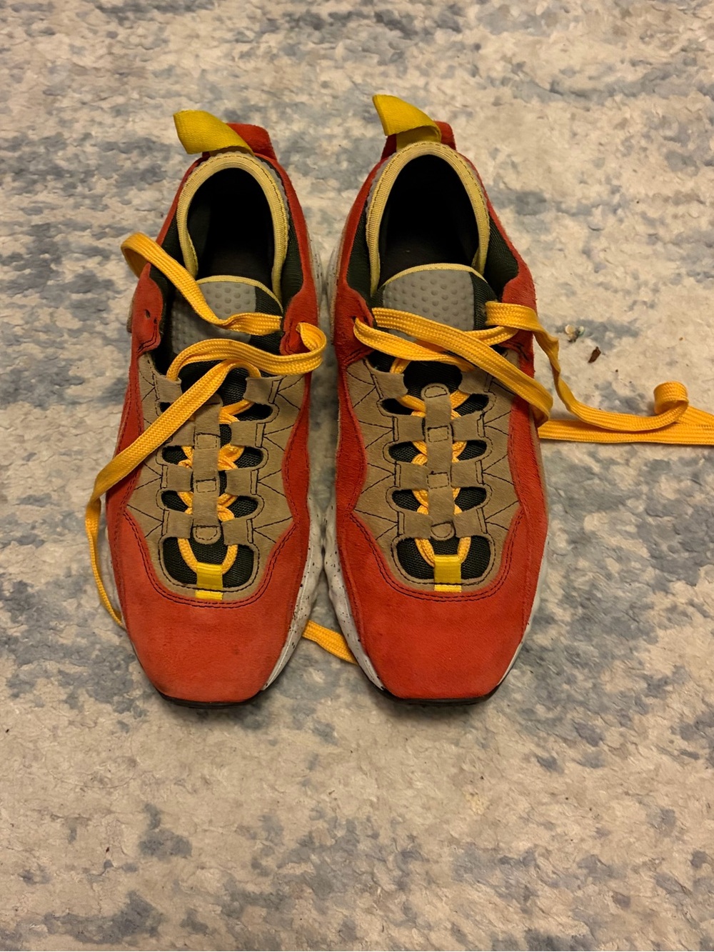 Acne green canvas and orange suede sneakers with yellow accents